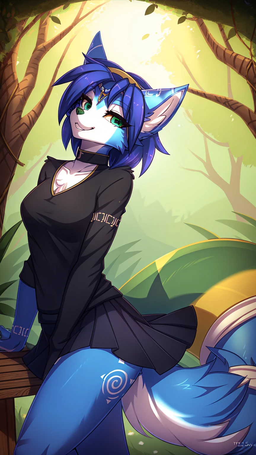 By zinfyuu on pixiv,by twistedscarlet60, uploaded on pixiv, by fluff-kevlar, (masterpiece), (best quality), (anthro furry:1.3, snout:1.2, anthro:1.3, furry:1.2, solo female:1.2), (extremely detailed:1.3), (Detailed eye part: White lens, greem iris,black cornea),serperior, tall, slim body, sweet smile, wear Black tshirt and long skirt, krystal