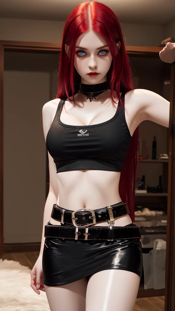 Photorealistic, Ultra realistic, 16k, high quality, cinematic lights, dream atmosphere, dream aesthetic, 1girl, scarlet-red hair, realistic silky hair(red), cute pale-turquoise eyes (shiny look), long flowing hair(realistic), gothic makeup, pale-white skin illuminated, realistic textured skin, realistic shading, alternative outfit, cleavage, large natural breasts, (black crop top:1.2), bare shoulders, black midriff, black miniskirt, realistic textures, belt, 16k resolution, detailed face and eyes, muscular female body, strong arms, lean belly, big hips, muscular thighs, thick legs, full body, realistic, style-paintmagic, different positions at different types of angles.