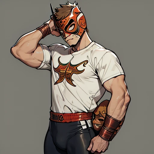  human Male  19 years old  , ((Brown fade haircut)) ,No shirt  ,Tight pants  ,(( Luchador Mask )) , 