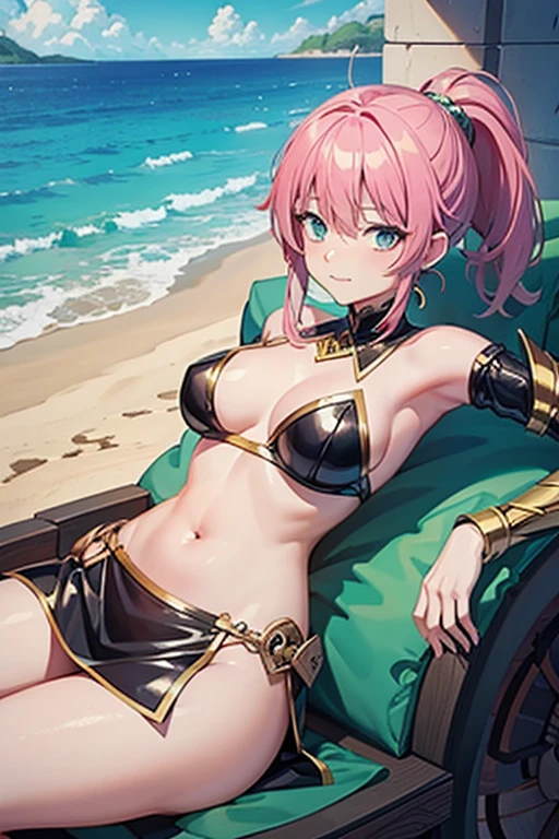 fantasy world, estilo isekai de anime, zona de comercio en la playa, estilo pixel art