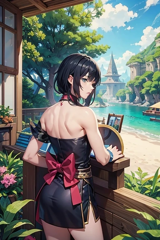 fantasy world, estilo isekai de anime, zona de comercio en la playa, estilo pixel art