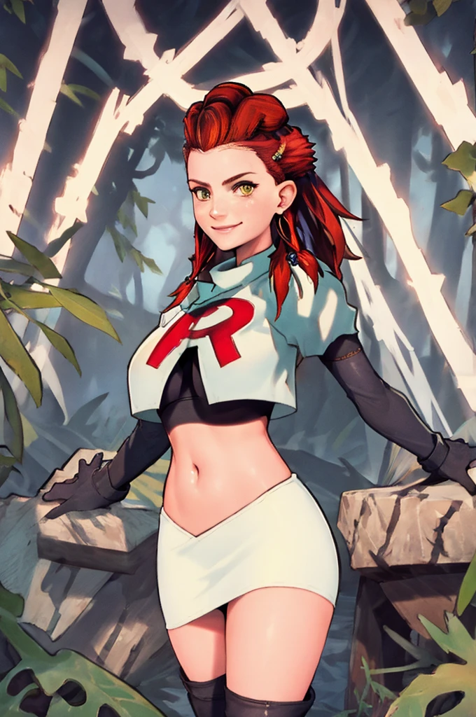 Aloy, Team rocket, team rocket uniform, red letter R, white skirt,white crop top,black thigh-high boots, black elbow gloves, evil smile, earrings, large breasts, sexy pose
