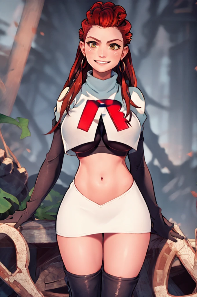 Aloy, Team rocket, team rocket uniform, red letter R, white skirt,white crop top,black thigh-high boots, black elbow gloves, evil smile, earrings, large breasts, sexy pose
