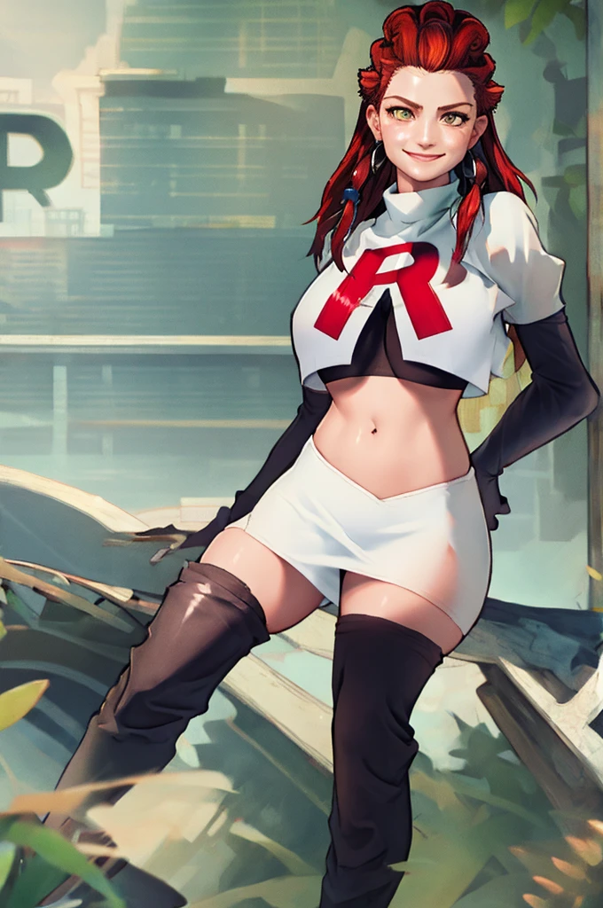 Aloy, Team rocket, team rocket uniform, red letter R, white skirt,white crop top,black thigh-high boots, black elbow gloves, evil smile, earrings, large breasts, sexy pose
