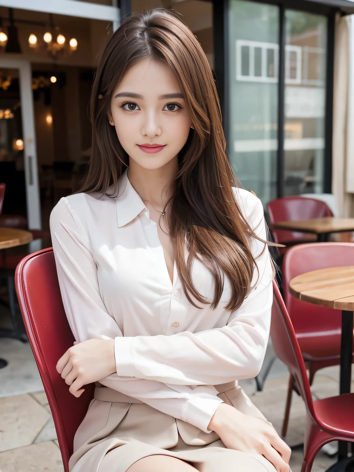 highest quality, Realistically, Very detailed, About pubic hair, High resolution, 8k wallpaper, One beautiful woman, Pink wet lips, Light brown messy hair, Wearing a crimson suit, shirt, White Skirt, Lock focus, Perfect dynamic composition, Beautiful Eyes, Delicate Hair, Detailed Realistically skin texture, smile, Close-up portrait, Model Body Type, On the open terrace of the cafe, Blurred Background, (Full Body Shot), Shooting from a distance, Random body orientation,Sit on a chair、