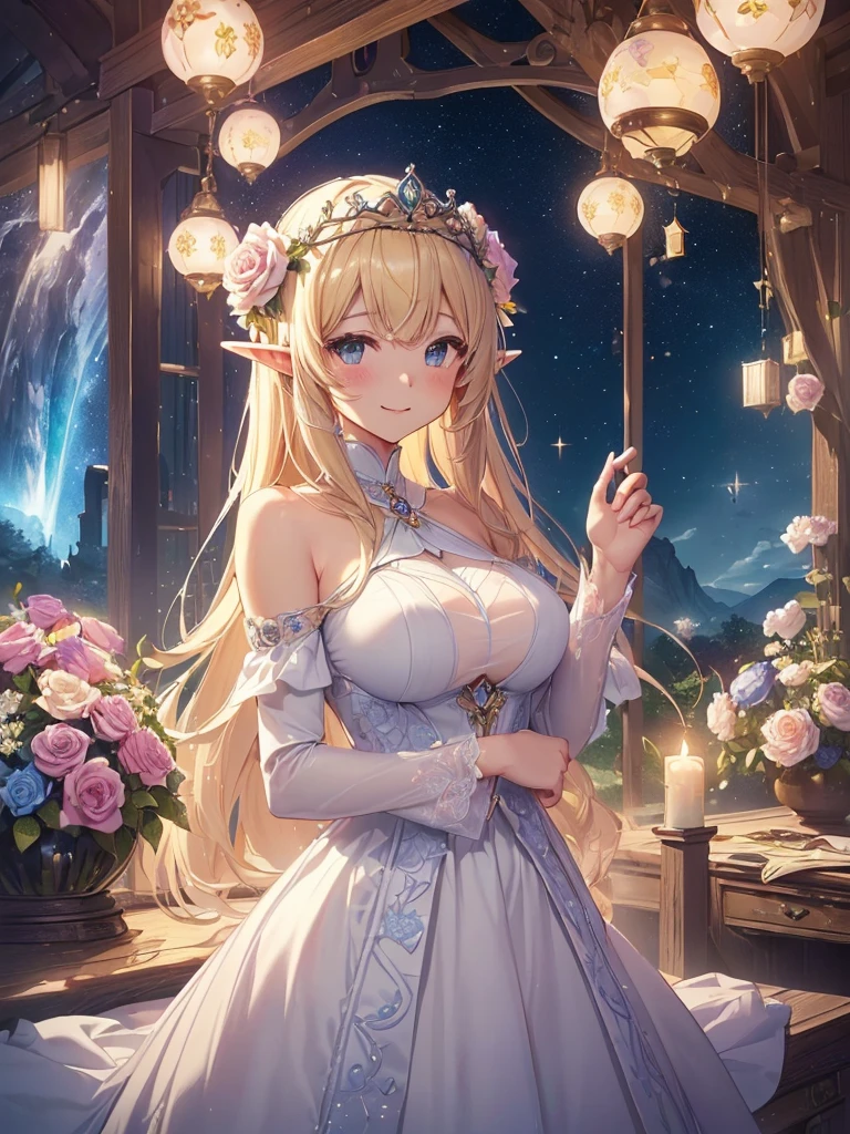 最high quality、Best image quality、masterpiece、Beautiful Face、Super beautiful elf girl((22 year old office lady with big breasts、Bust 90,Beautiful long ironed hair、blonde、height: 165cm。thin、sexy、Esbian、Beautiful tiara、night、high quality、美しいart、((たくさんの美しい白Roseのflower束))、白Roseのflower束を持つ、celebration、Congratulations、Byzantineモザイクart、Decoration、canopy、canopy、background((星nullスキー)))Pieces fly、ビジュアルart、Written boundary depth、、Elf Ears、、Lightのmagic、universe、Happy smile、穏やかなLight、Elven Forest、Rose、、elegant、ティッカー 美しい Decoration的、 Rosa、Rose、flower瓶magicのflower、flowerを作るmagic、Light、 null、Beautiful dressy、Beautiful dress、table、giant galaxy、myth、art、、sexy、A kind smile、wonderful、舞い散るflowerびら、Beautiful Landscape、universeのmagic、magicのLight、Fantasy、flower、super REALITYたくさんのRose、magic、universeを飛ぶ、、Grow Fantasy、、mysteryのLight、Byzantine、Art Nouveau、 たくさんのflower、、art、art,mystery,Ultra-high resolution,magicalgentle light,sexy、