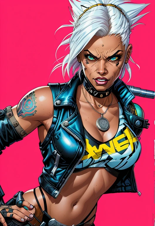 4k, digital drawing, Comic Babes, a woman with white hair and a black top is holding a gun, comicpunk, female diesel punk, X-MEN STORM, tank girl, punk woman, portrait of ororo munroe, in cyberpunk 2077, atomic punk, cliff chiang, punk girl, wolf andrade from apex legends, beautiful angry cyberpunk goddess