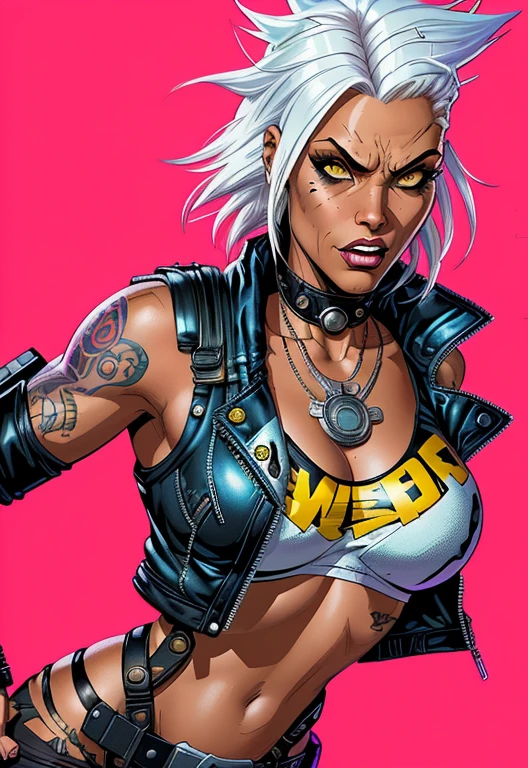 4k, digital drawing, Comic Babes, a woman with white hair and a black top is holding a gun, comicpunk, female diesel punk, X-MEN STORM, tank girl, punk woman, portrait of ororo munroe, in cyberpunk 2077, atomic punk, cliff chiang, punk girl, wolf andrade from apex legends, beautiful angry cyberpunk goddess