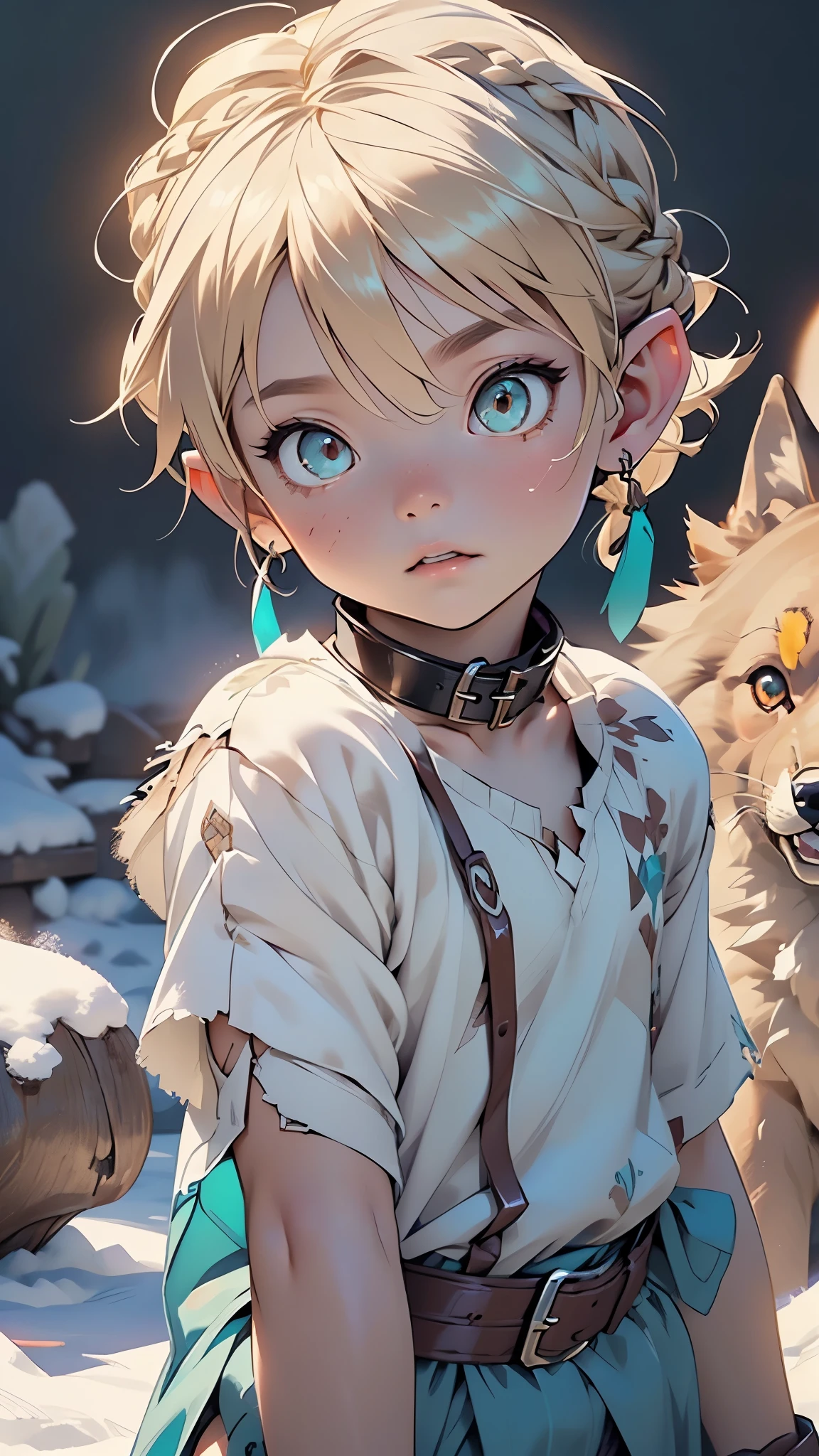 1,(1boy:1.5),-yeld:1.eenager,femboy,Libido boy,Female physiognomy,elf,(elf ears), (blonde archer),
little boittle boy,boy,d only,,1boy,magend)),
((blonde hair:1.5,short detailed hair,short blonde hair with a braid,braid adorned with white flowers)),(((turquoise_eyes:1.3))),intricate eyes,beautiful detailed eyes,symmetrical eyes,big eyes:1.5,child's chest,((kid body,a little chubby,good anatomy,accurate body proportions,detailed shota body for young boy:1.3,))),
happy,(nsfw),cute,
(short turquoise mesh skirts),((brown wolf fur coat)),(bandages on his hands),(moon earrings),((turquoise panties with a wolf fur sarong brown)),(tiny bulge on panties),(ornamental bandages on his chest and arms),(((slave collar,Long chain leash connected to her collar,shackles))),(((torn clothes:1.1,intricate outfit,intricate clothes))),
(dynamic pose:1.0),embarrassed,(centered,scale to fit dimensions,Rule of thirds),
((snowy mountain)),winter,scenery:1.25,((intricate scenery)),((snow mountain background)),
(Glossy tribal ornaments),highres,sharp focus,(ultra detailed,extremely detailed),(photorealistic artwork:1.37),(extremely detailed CG unity 8k wallpaper),(((vibrant colors,vibrant theme))),(intricate),(masterpiece),(best quality),artistic photography,(photography taken by sldr),(intricate background),perfect rendered face,perfect face details,realistic face,photo realistic,((intricate detail)),(((realism))),