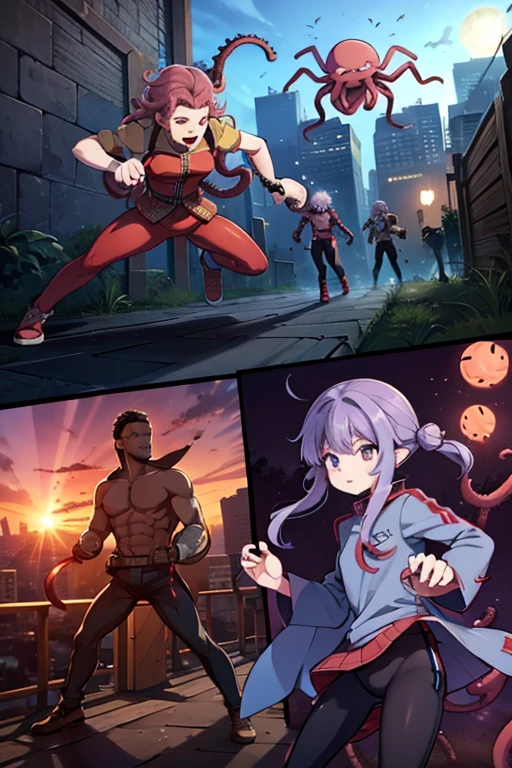 A spider with octopus tentacles and an Eye just atop a tentacle on its giant head is attacking the city where the teenage warriors are training.. Teenage fighters are engaging in attacks with magic fired from their hands.