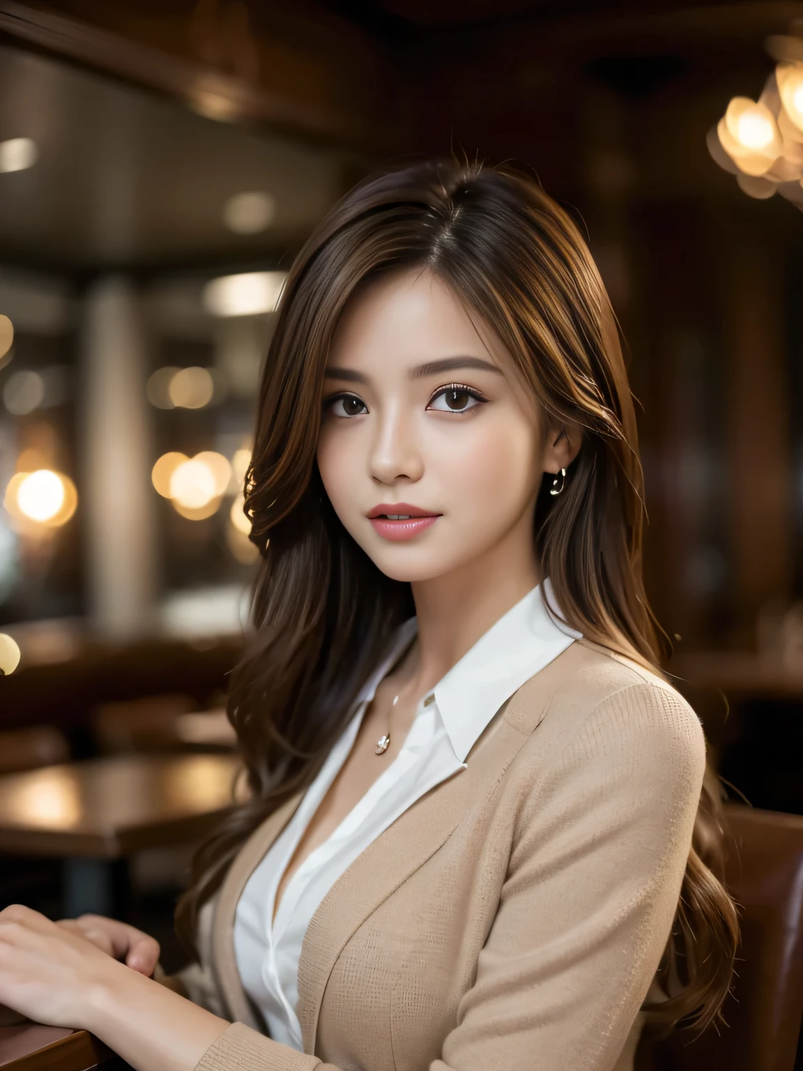 masterpiece, highest quality, Realistic, Very detailed, Finer details, High resolution, 8k wallpaper, One beautiful woman, Wear casual business attire, In a great restaurant, At night, Light brown messy hair, Perfect dynamic composition, Beautiful and beautiful eyes
