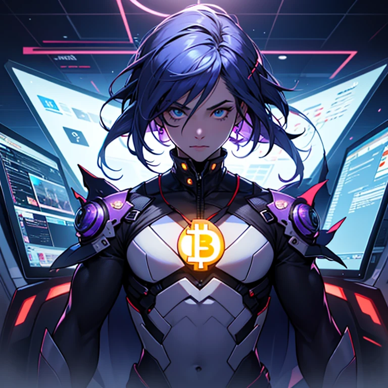 En un mundo digital futurista, Cryptocurrency has established itself as the main form of financial transaction. The female character Etherius is a cryptographic entity that manifests as a humanoid being with a body filled with complex mathematical symbols and patterns... Each Etherius NFT is unique, showing subtle variations in its design that reflect the fluctuations of the cryptocurrency market. Con brillo intenso y colores vibrantes., Etherius epitomizes the digital financial revolution that changed the world forever, Inspiring a promising technological future.  