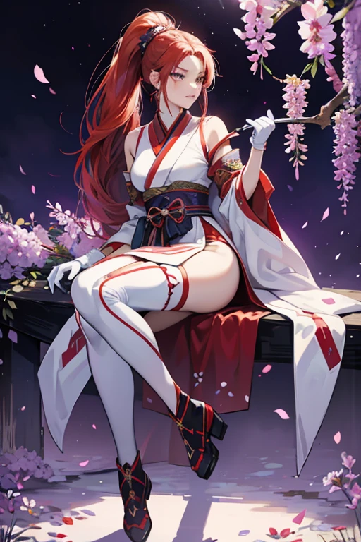 She has red hair which she keeps tied into ponytails. Kunimitsu wears full-body ninja suits with boots and gloves. This outfit was embellished upon in later games in the series with a tunic and obi. Tekken Tag Tournament 2 saw Kunimitsu receive a new outfit, which consists of a purple side-tie dress with floral decorations, white boots with black knee pads and matching gloves and vambraces. The flower patterns on her outfit are those of Japanese wisteria, which have a wide range of symbolism including immortality, loneliness, and love. SPARKLE; GLITTER