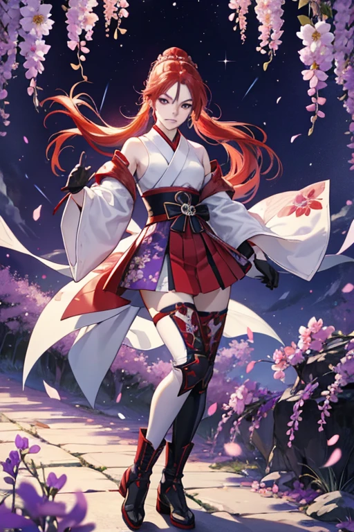 She has red hair which she keeps tied into ponytails. Kunimitsu wears full-body ninja suits with boots and gloves. This outfit was embellished upon in later games in the series with a tunic and obi. Tekken Tag Tournament 2 saw Kunimitsu receive a new outfit, which consists of a purple side-tie dress with floral decorations, white boots with black knee pads and matching gloves and vambraces. The flower patterns on her outfit are those of Japanese wisteria, which have a wide range of symbolism including immortality, loneliness, and love. SPARKLE; GLITTER