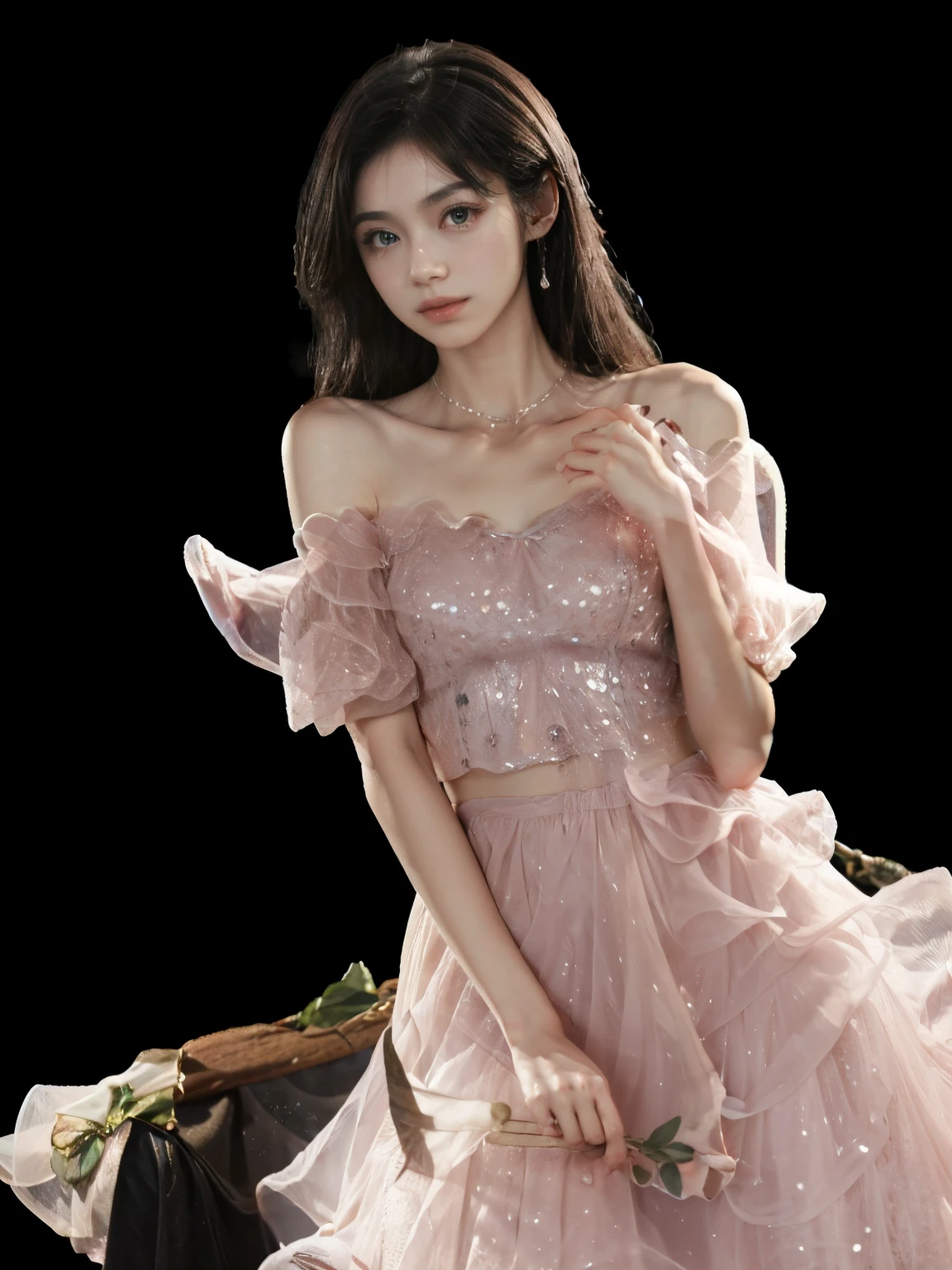 An anime girl posing for photos on a blurred dark background f1.2. ( small waist and flat stomach, beautiful skinny, ) Masterpiece, ultra HD, 8k, photography style, sexy, 100% realistic textures. Cool colors like movie at night,  cinematic, best quality, professional realistic photography style. 