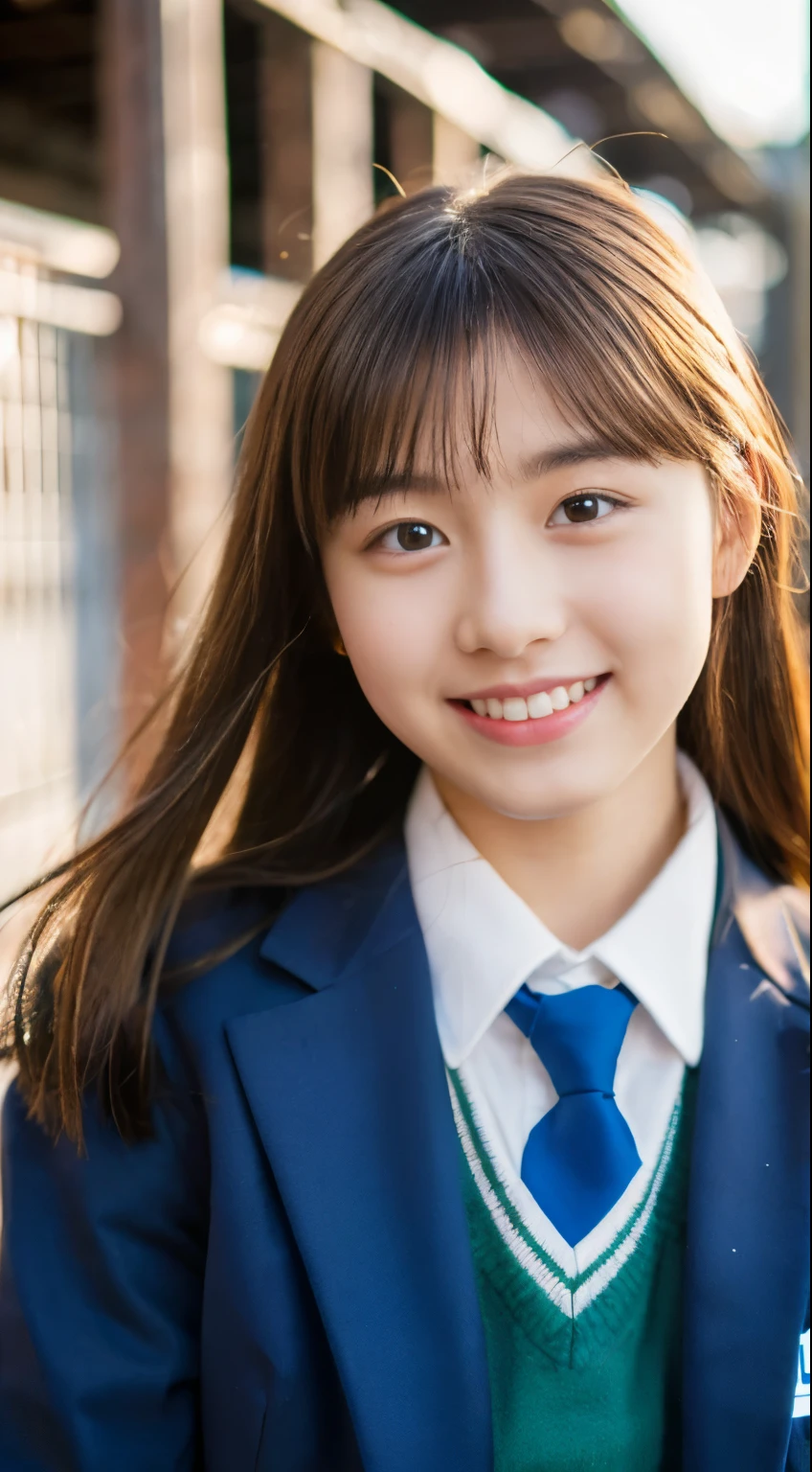(highest quality,8K quality,masterpiece:1.3),(Ultra-high resolution,Photorealistic:1.4,RAW Photos),(Very detailed,Caustics,Detailed Background),(Ultra-Realistic Capture,Beautiful and detailed skin,Perfect Anatomy),high school student、At dusk,Sunset sky,School building,Schoolyard,18-year-old,cute,single eyelid,School Blazer Uniform,Looking at the camera,Laughter,Bust up shot,Natural soft light
