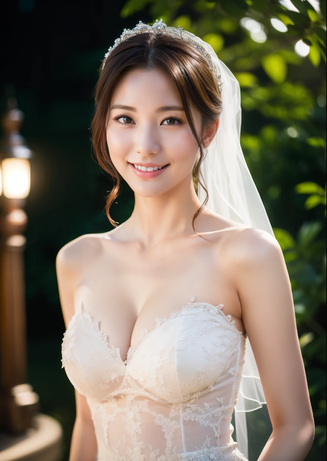 Beautiful 25 year old woman。She is wearing a summer wedding dress. She is smiling on illuminated by the evening church lights . romantic sunset. her dark brown hair. High resolution、masterpiece、highest quality、頭w:1.0、((Hasselblad Photos))、fine skin、(movie lighting)、clavicle . full body picture.