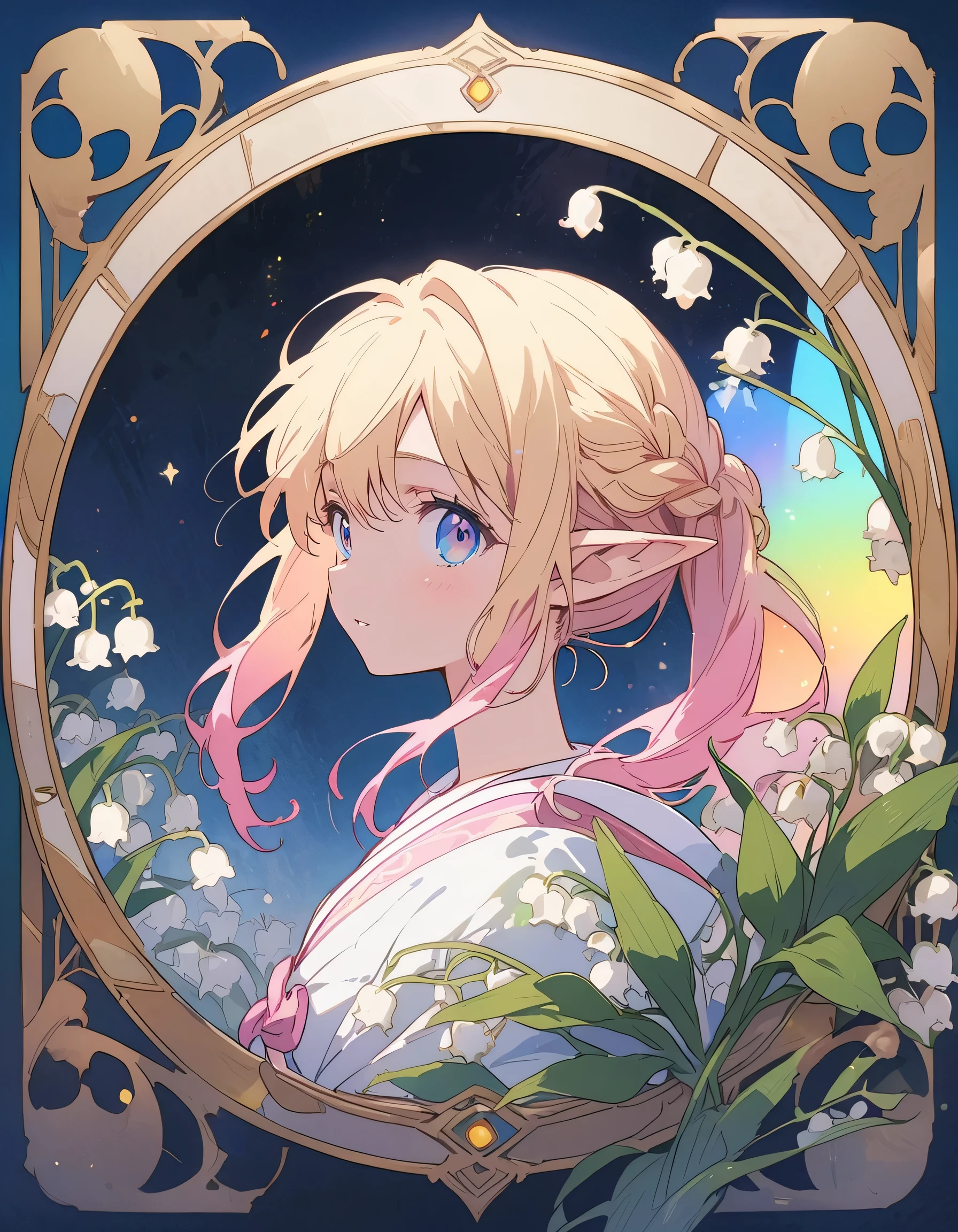 Elf girl profile logo, blue eyes, long blond, (Lily of the valley:1.4)、Circular frame Ivy, Art Nouveau, article "Pink Girl"、(highest quality、masterpiece、High resolution、detailed)、anime style、Flat Style、(The eyes shine with rainbow colors、Illuminated by light,Beautiful Face),  break,Dynamic Angle、extremely detailed、The return of happiness、anime