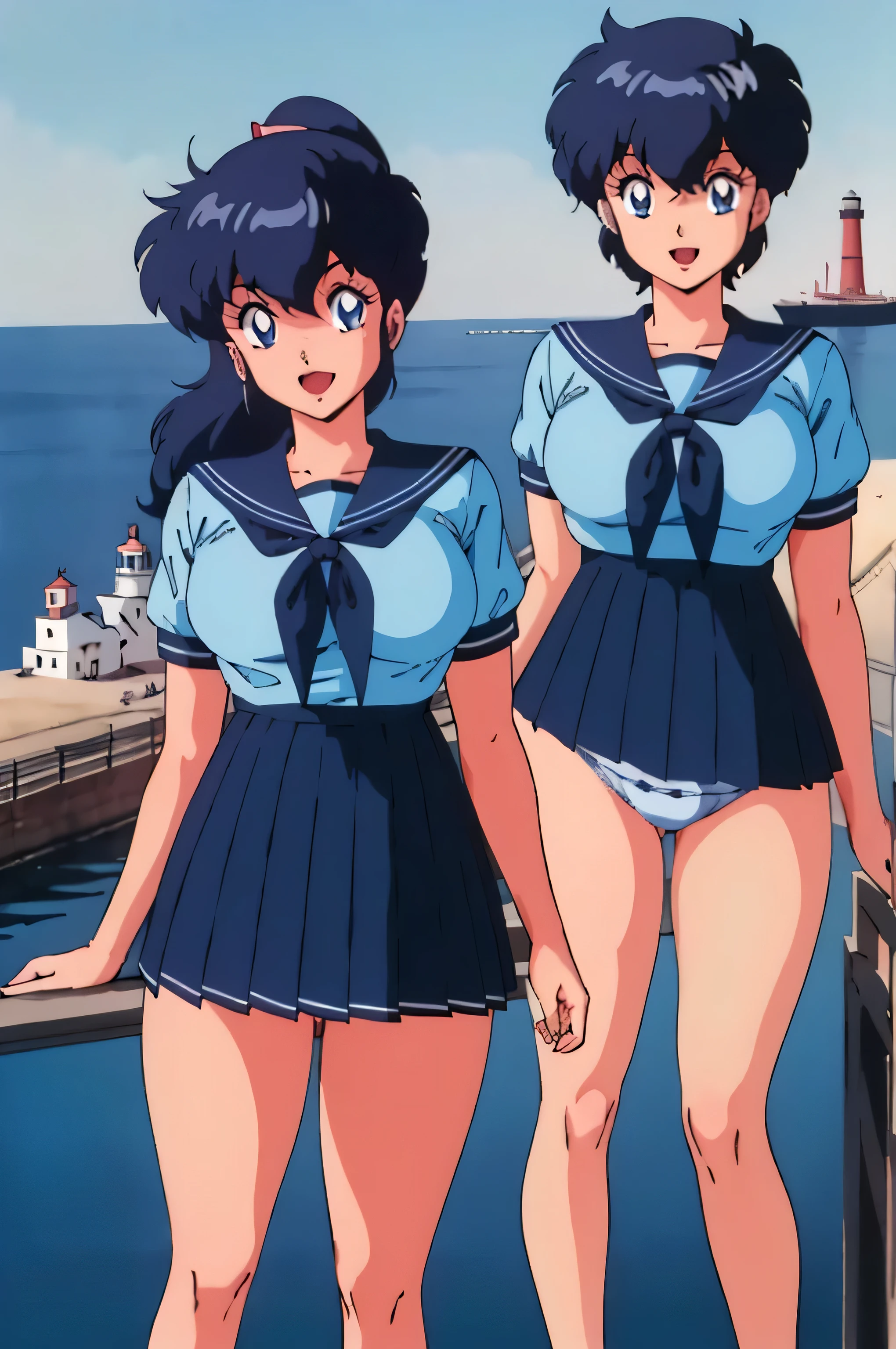 (Anime stuff, Retro art style, Clean brush strokes, Very detailed, Perfect Anatomy, Browsing Caution), (Harbor background, Breakwater, Lighthouse), (miki, One girl), 1 Girl, Eyebrows visible through hair, bangs, Black Hair, Short Ponytail, Hair clip with ribbon, (blue eyes, Beautiful and detailed:1.2), Looking at the audience, Open your mouth (smile:1.5), (Are standing, Idol Pose), (Beautiful body, smooth curve, Perfect figure), (Over the school uniform), (Large Breasts:1.2, A taut shape), (School uniform short skirt), Wear your skirt at the waist, Panties may be seen briefly,