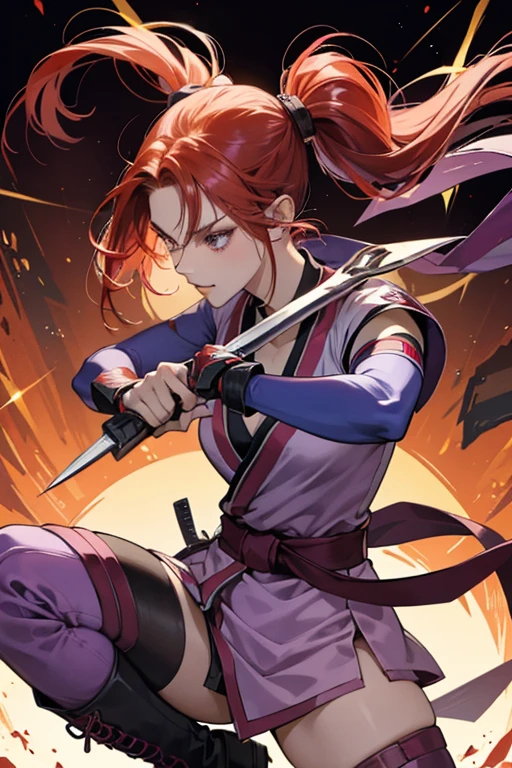 She has red hair which she keeps tied into ponytails. Kunimitsu wears a purple ninja suit with a black belt and black boots. She also wears a mask identical to Yoshimitsu's and wields dual kunai blades in both of her hands. SPARKLE; GLITTER