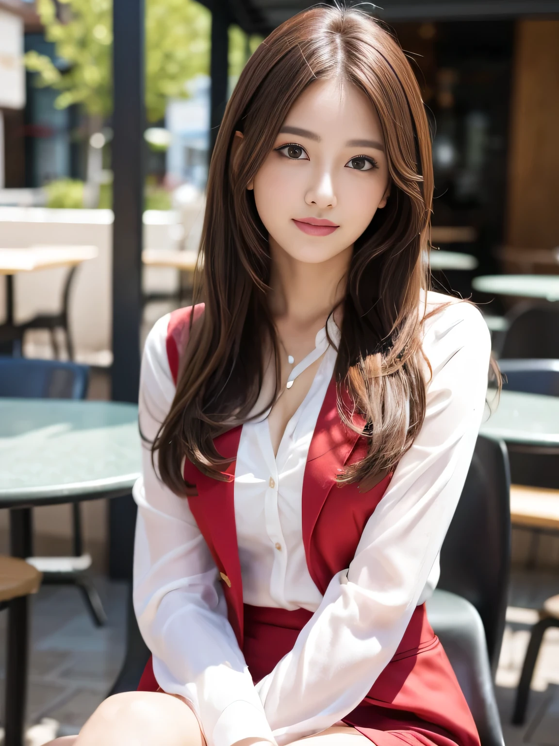 highest quality, Realistically, Very detailed, About pubic hair, High resolution, 8k wallpaper, One beautiful woman, Pink wet lips, Light brown messy hair, Wearing a crimson suit, shirt, White Skirt, Lock focus, Perfect dynamic composition, Beautiful Eyes, Delicate Hair, Detailed Realistically skin texture, smile, Close-up portrait, Model Body Type, On the open terrace of the cafe, Blurred Background, (Full Body Shot), Shooting from a distance, Random body orientation,Sit on a chair、