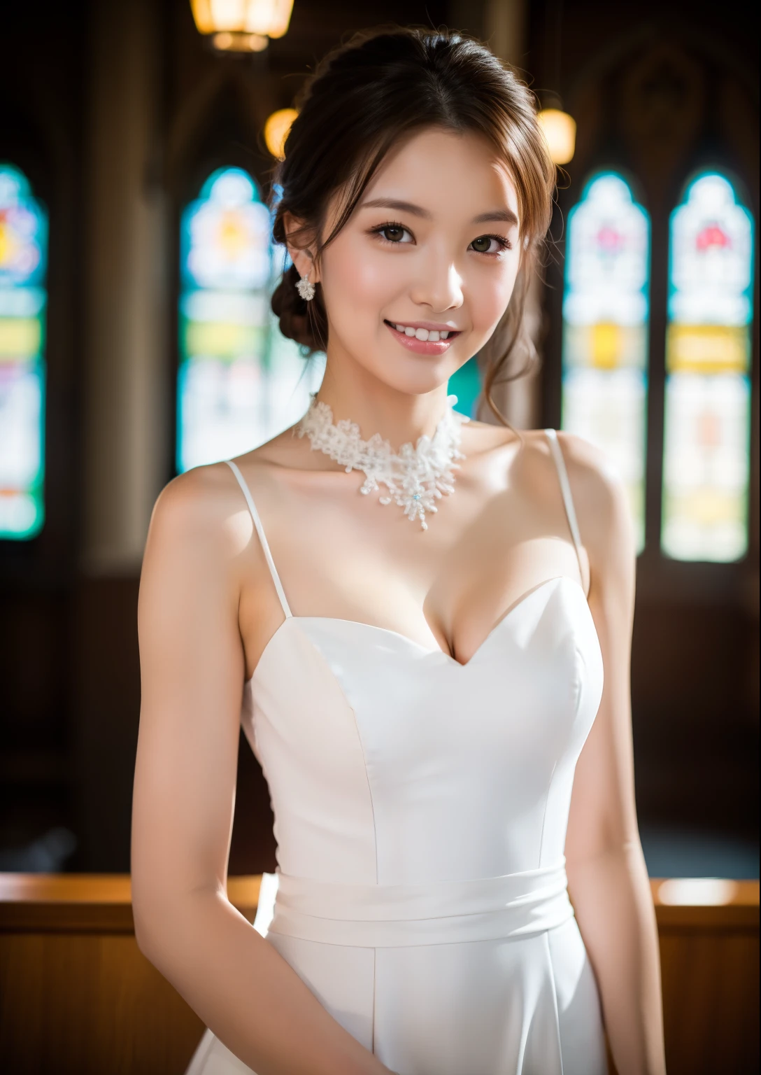 Beautiful 25 year old  woman。She is wearing a summer wedding dress. She is smiling on illuminated by the evening church lights . romantic sunset. her dark brown hair. High resolution、masterpiece、highest quality、頭w:1.0、((Hasselblad Photos))、fine skin、(movie lighting)、clavicle . full body picture.