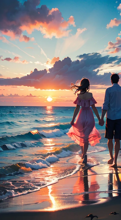 Sunset over the sea , The clouds are pink、Two couples walking hand in hand on the beach. Enchantment Color