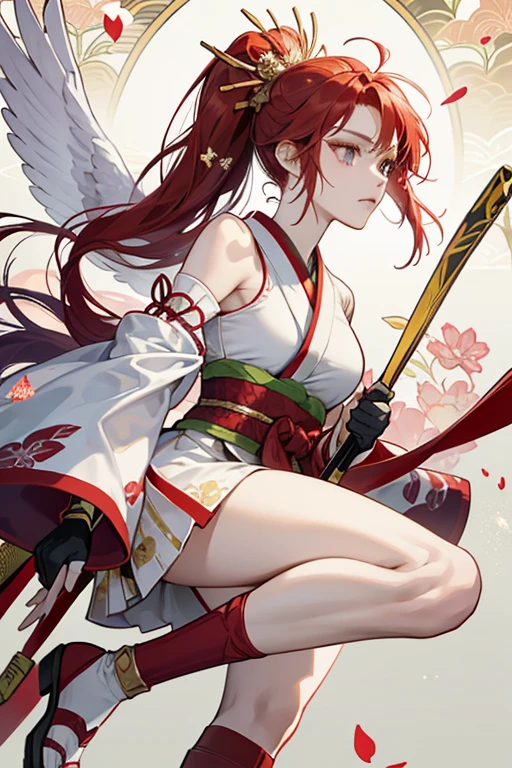 She has red hair which she keeps tied into ponytails. wears a purple short, sleeveless, kunoichi kimono with a white floral design and a pale yellow obi with white crane designs over a red obiage. The obi is tied at the side with a green cord or obijime, as well as a smaller, red and yellow cord with tassels underneath the knot of the green cord. She also wears long black gloves under white gauntlets with gold trim and gold designs along the length, matching her white shin guards and sandals. Underneath her shin guards, Kunimitsu wears indigo knee-high socks and red tabi. SPARKLE; GLITTER
