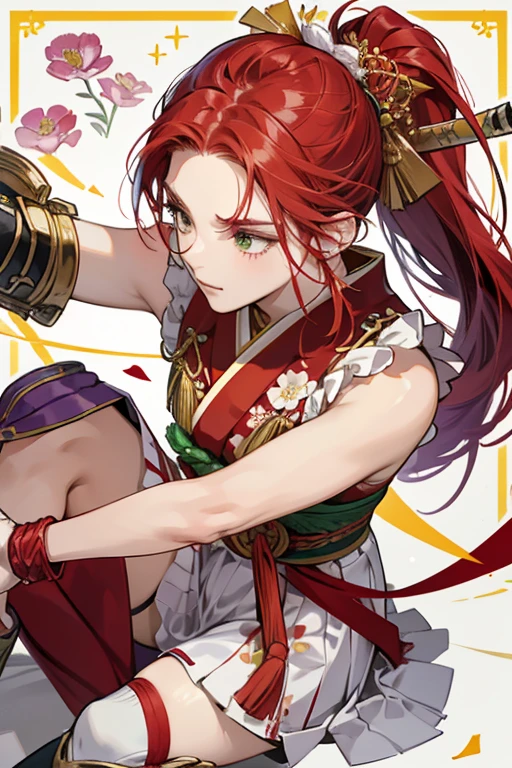 She has red hair which she keeps tied into ponytails.  wears a purple short, sleeveless, kunoichi kimono with a white floral design and a pale yellow obi with white crane designs over a red obiage. The obi is tied at the side with a green cord or obijime, as well as a smaller, red and yellow cord with tassels underneath the knot of the green cord. She also wears long black gloves under white gauntlets with gold trim and gold designs along the length, matching her white shin guards and sandals. Underneath her shin guards, Kunimitsu wears indigo knee-high socks and red tabi. SPARKLE; GLITTER