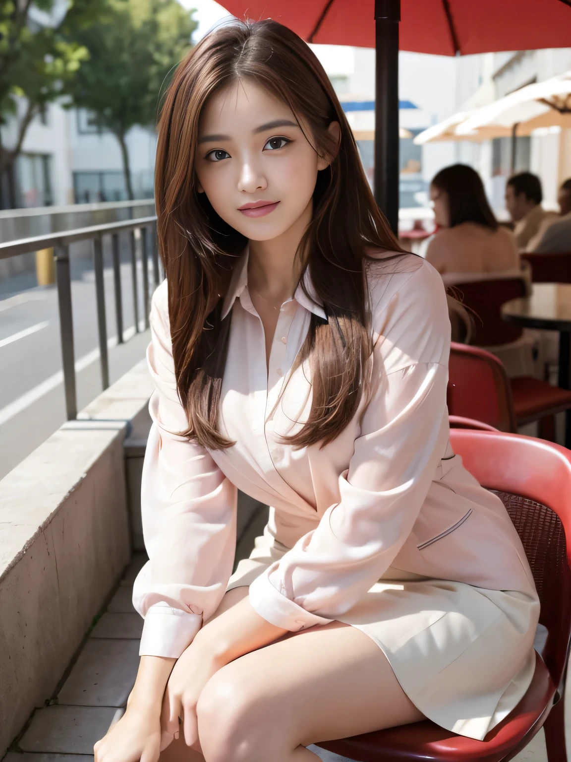 highest quality, Realistically, Very detailed, About pubic hair, High resolution, 8k wallpaper, One beautiful woman, Pink wet lips, Light brown messy hair, Wearing a crimson suit, shirt, White Skirt, Lock focus, Perfect dynamic composition, Beautiful Eyes, Delicate Hair, Detailed Realistically skin texture, smile, Close-up portrait, Model Body Type, On the open terrace of the cafe, Blurred Background, (Full Body Shot), Shooting from a distance, Random body orientation,Sit on a chair、