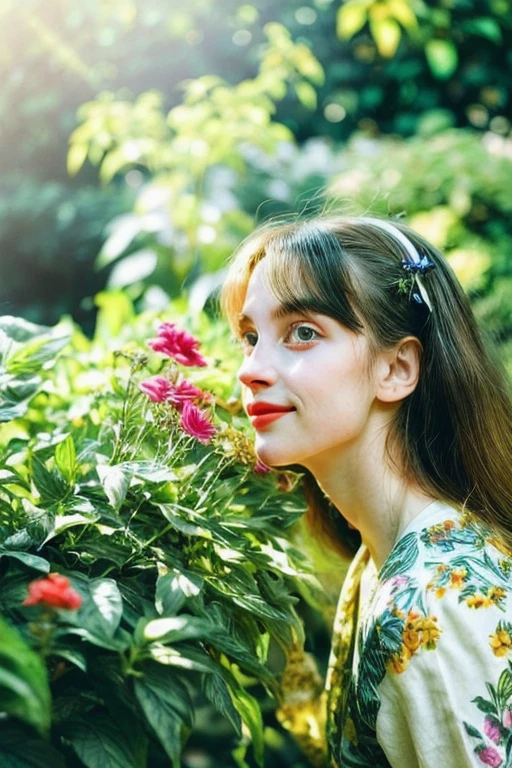1girl, potrait,lush garden,soft sunlight,vibrant colors,lush foliage,detailed flowers,playful pose,mysterious atmosphere,artistic portrait.