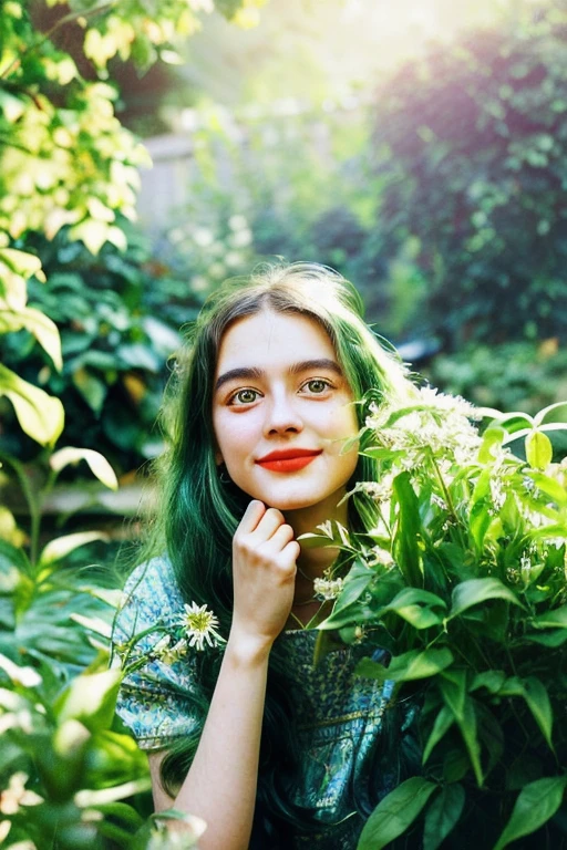 1girl, potrait,lush garden,soft sunlight,vibrant colors,lush foliage,detailed flowers,playful pose,mysterious atmosphere,artistic portrait.