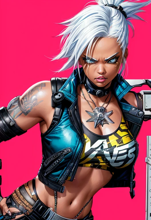 4k, digital drawing, Comic Babes, a woman with white hair and a black top is holding a gun, comicpunk, female diesel punk, X-MEN STORM, tank girl, punk woman, portrait of ororo munroe, in cyberpunk 2077, atomic punk, cliff chiang, punk girl, wolf andrade from apex legends, beautiful angry cyberpunk goddess