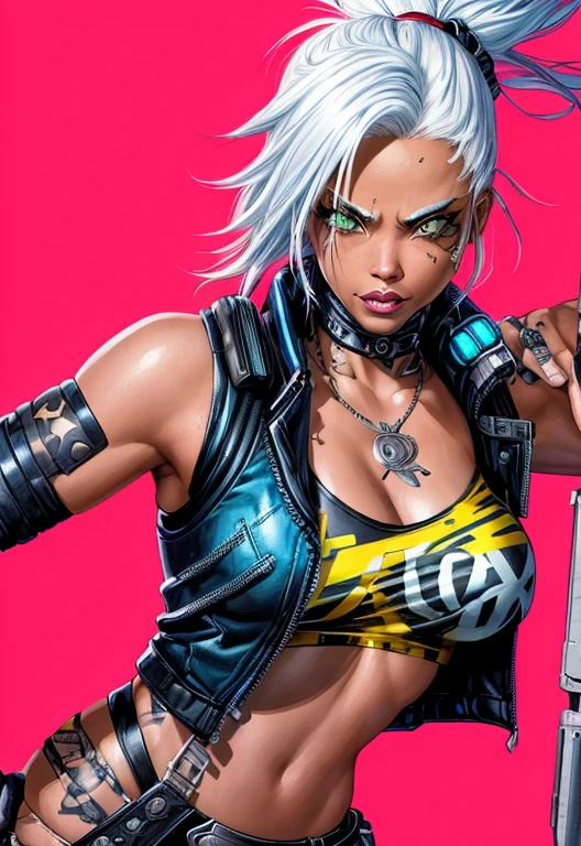 4k, digital drawing, Comic Babes, a woman with white hair and a black top is holding a gun, comicpunk, female diesel punk, X-MEN STORM, tank girl, punk woman, portrait of ororo munroe, in cyberpunk 2077, atomic punk, cliff chiang, punk girl, wolf andrade from apex legends, beautiful angry cyberpunk goddess