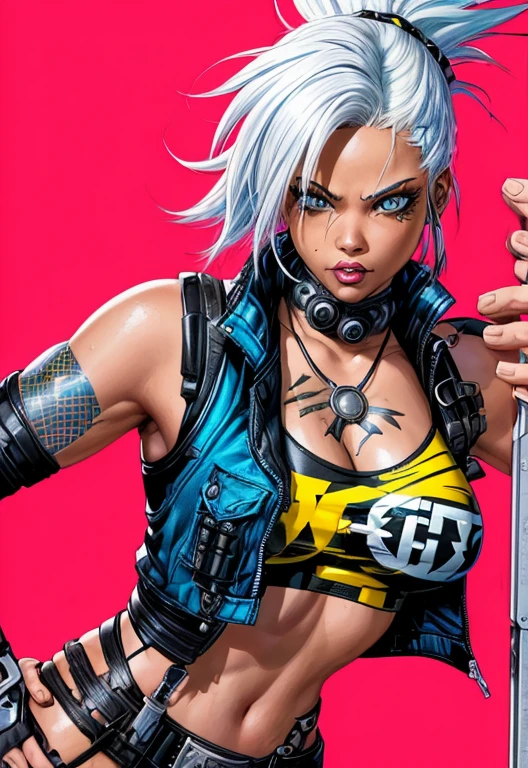 4k, digital drawing, Comic Babes, a woman with white hair and a black top is holding a gun, comicpunk, female diesel punk, X-MEN STORM, tank girl, punk woman, portrait of ororo munroe, in cyberpunk 2077, atomic punk, cliff chiang, punk girl, wolf andrade from apex legends, beautiful angry cyberpunk goddess
