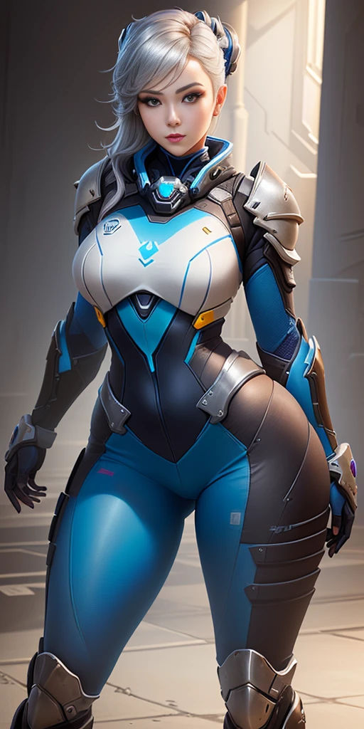 a woman in a blue outfit is posing for a picture, echo from overwatch, from overwatch, extremely detailed artgerm, thicc, cutesexyrobutts, pale blue armor, bikini armor female knight, armor girl, thick armor, skintight silver armor, style artgerm, covered in full silver armor, thick smooth warframe thighs