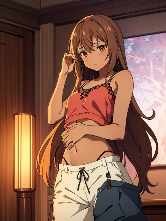 (masterpiece, high quality) brown skin anime girl in a lace up cami top, (trousers), famished in hunger, (gently resting hands on stomach), (long hair), (hands on her stomach)