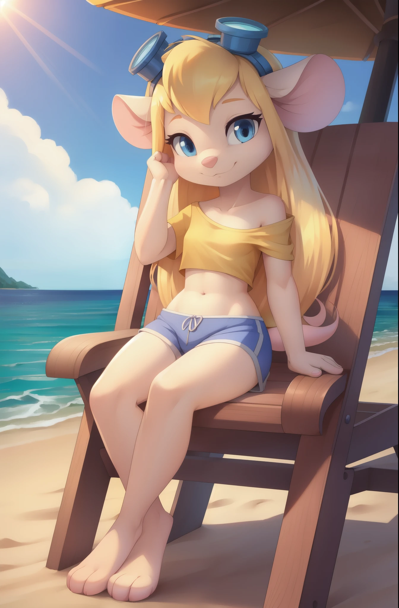 Gadget Hackwrench, young, mouse, blonde hair, long hair, narrowed eyes, blue eyes, pink nose, body fur, small breasts, detailed body fur, detailed face, detailed eyes, glistering body, shiny body, gorgeous body, masterpiece, high quality, ((goggles, yellow shirt, one shoulder, midriff, blue shorts)), full body, feets with three toes, 3 toes, beach, clear sky, skinny, sit on beach chair, :3,