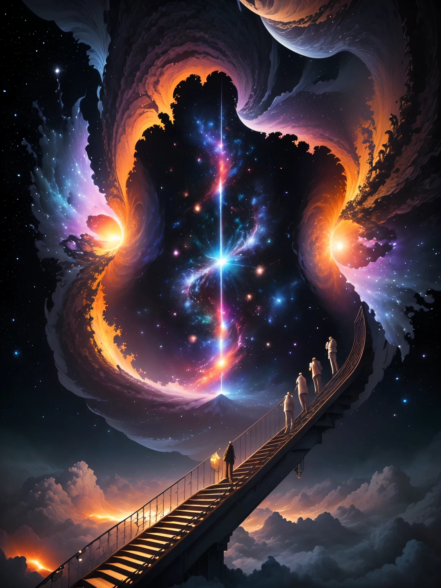 ((best quality)), ((masterpiece)), (high detail), (high resolution), Stare at the infinite length of the universe, endless galaxies, , black hole, exploding supernova, floating stars, endless spiral staircase, nebula, Relaxed, atmosphere, bright, Mike Escher, The Art of Sense Ijaye, Minimalism, Numeric code rotation, Matte painting