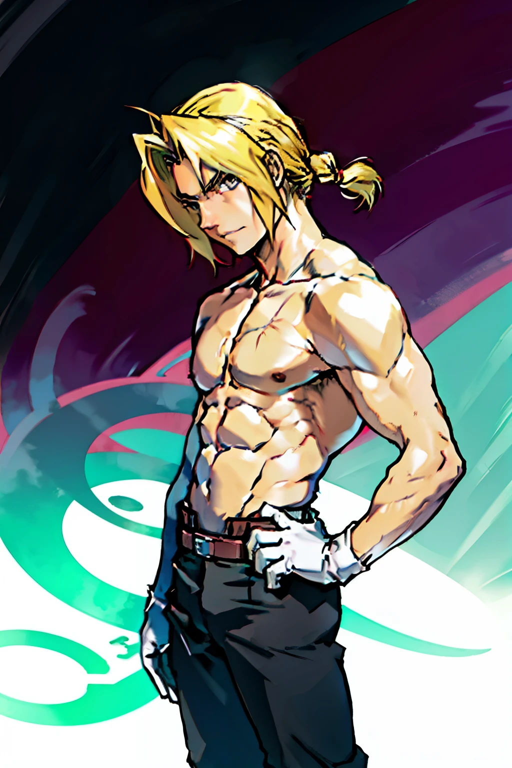 Edward Elric from Fullmetal Alchemist, automail right arm, serious, hands on hips, defined body, shirtless, abs, white gloves, white empty room