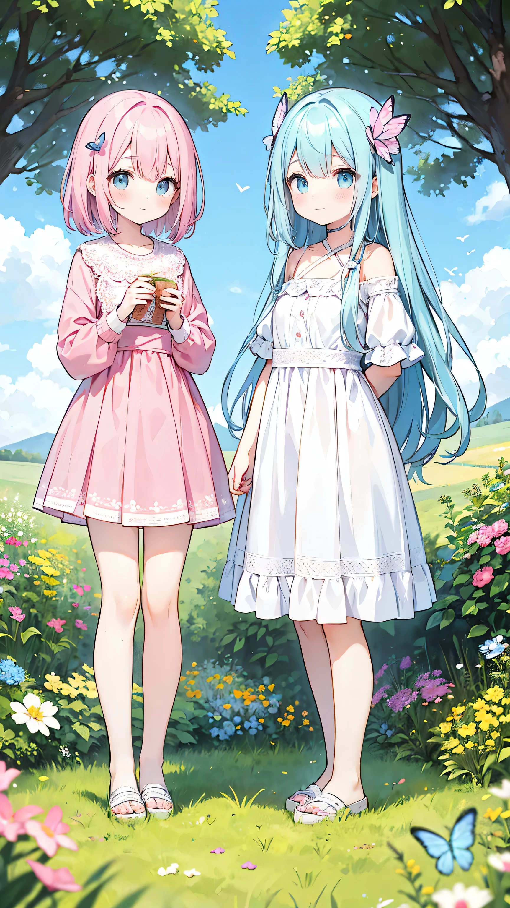 Two pure and innocent girls,10 years old、2 people(Pink-haired person、1 Name Light Blue Hair)、Cute face、Beautiful Eyes、White skin、Natural Beauty、Warm sunshine、Wildflowers swaying in the wind々Surrounded by、Enjoying time in the fields。Butterflies and birds flutter around her、Creates a playful atmosphere。