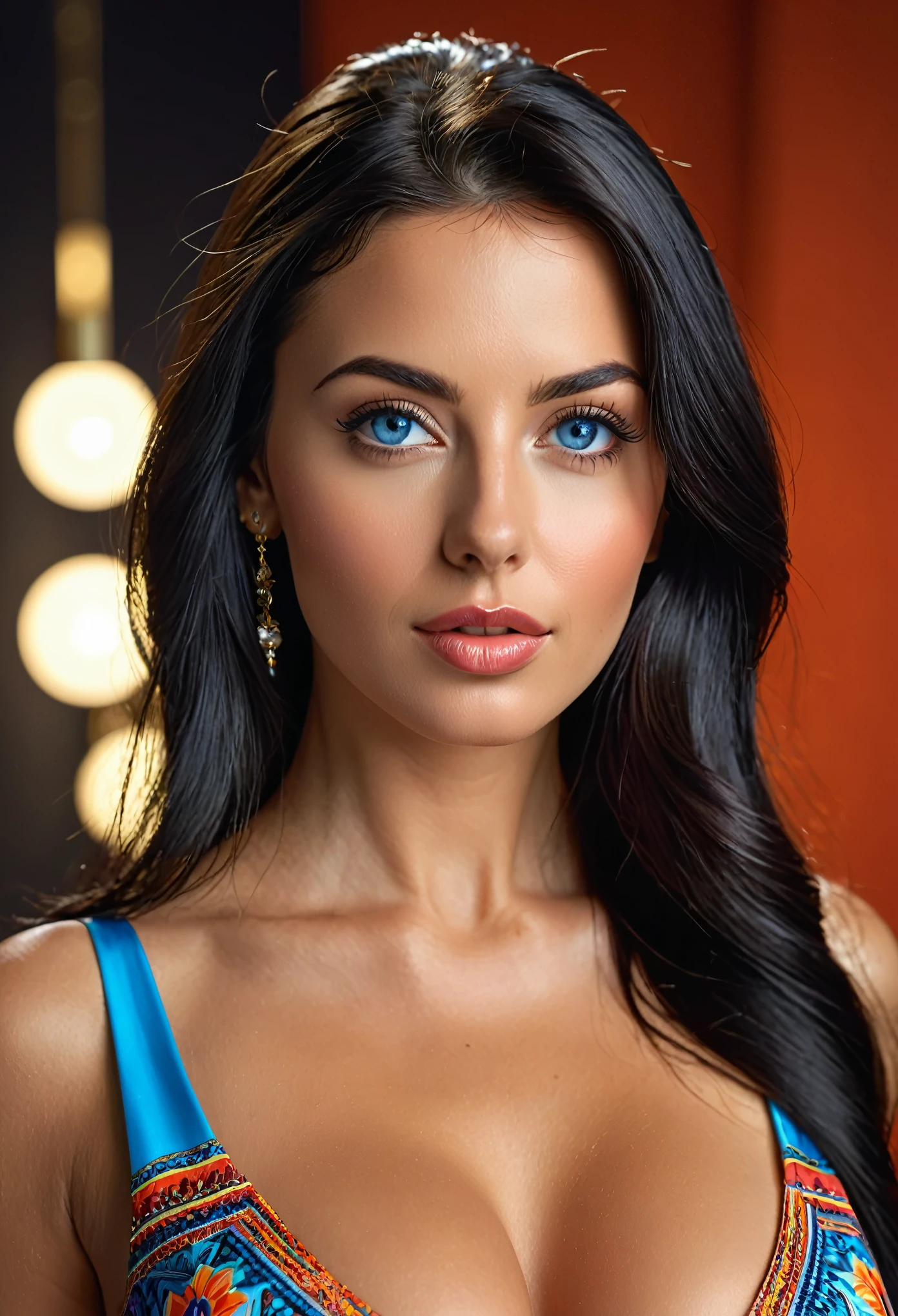 (best quality, 4k, 8k, high resolution, masterpiece: 1.2), ultra-detailed, (realistic, photorealistic, photorealistic: 1.37), beautiful woman, sexy, 29 years old, tanned skin, blue eyes, smooth, long black hair, perfect body, shapely face, beautiful lips, well-groomed hair, wearing a stunning dress, vibrant colors, studio lighting, fine details, lush background scenery, vivid and realistic portrait, professional, saturated colors, sharp focus , big and beautiful breasts
