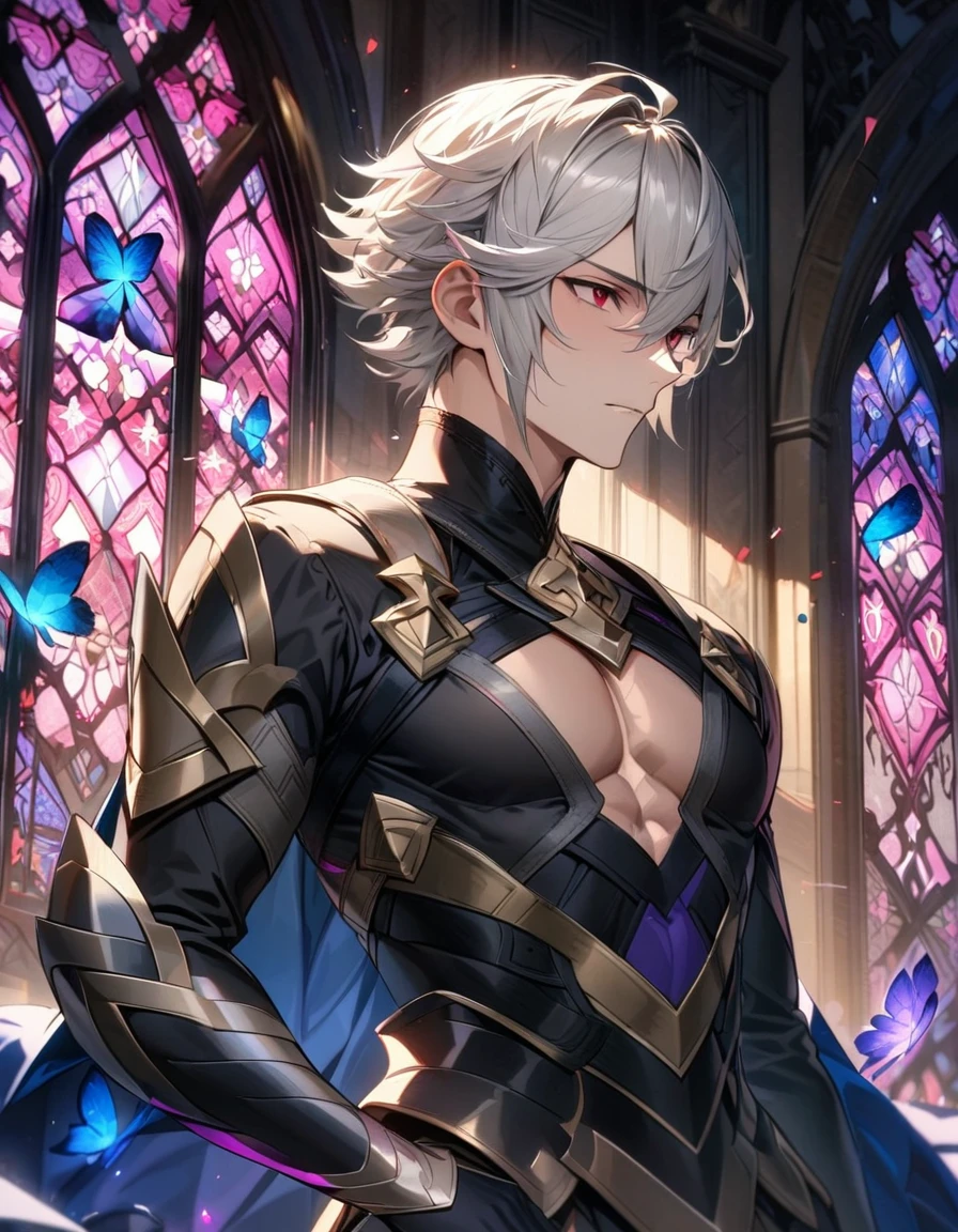 absurdres, highres, ultra detailed, HDR, master piece, best quality, Corrin, white hair, short hair, expressive red eyes, Fire Emblem Fates, solo, sexy man, handsome, blue cape, black tight shirt, black gloves, patterns, toned chest, glass stained window, purple shining butterflies