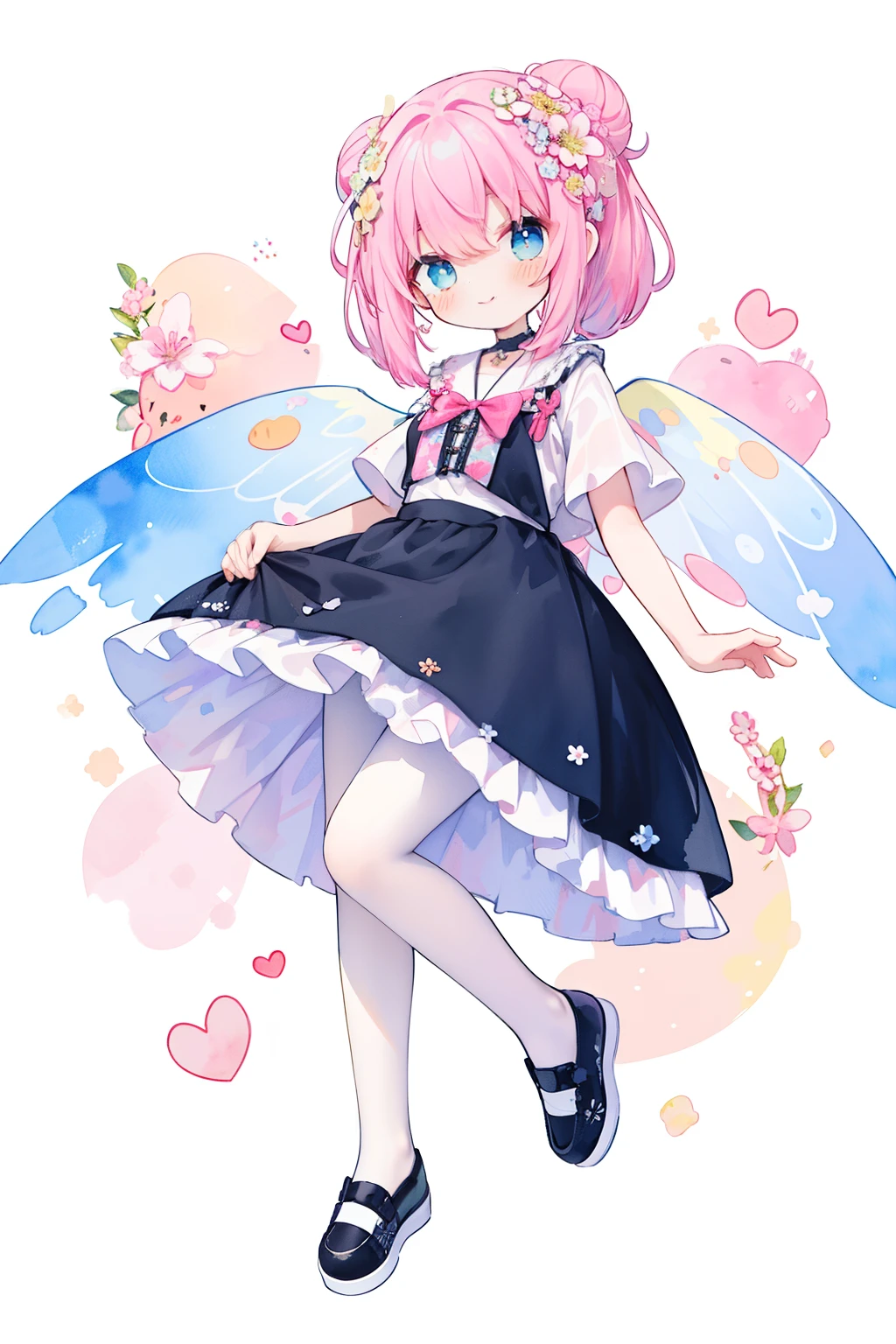 (PastelColors:1.3)、(Cute illustration:1.3)、(watercolor paiting:1.1)、(Wearing large transparent fairy wings with polka dots：1.3),Falling from the sky,Head down, feet up, Blue haired girl,improve,ultra wide-angle  ,Detailed background、Smile with open mouthFairy with a bouquet of flowers、Fancy Fairy、A pink-haired、Bun head、jumpping、levitation、masterpiece, highest quality, 1 girl, One person in, length_hair, From above, light smile, panorama, perspective, looking for_in_viewer, Front hair, skirt, shirt, pink hair, colored inner hair, length_dispel, bow, ribbon, twin tails, hair_bow, heart, pantyhose, frills, shoes, choker, dull_Front hair, black_skirt, pink_eye, With frills_skirt, pink_bow, plinform_footwear, pink_theme, jirai_kei, whole body,,white background, Pastel Watercolor、redhead, 1 girl, Has 4 correct fairy wings on its back、summer👗、ハート型のsummer flowerwreath background:1.0、white, high ponytail、platform sneakers、smile、Up from the side