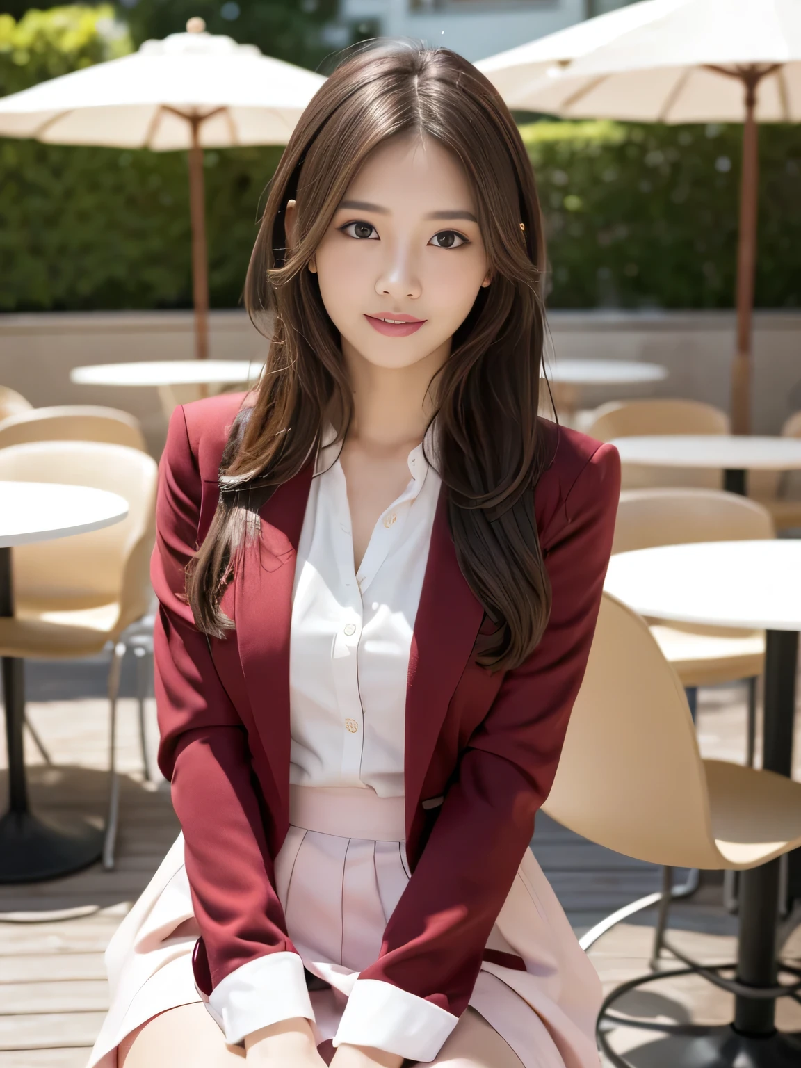 highest quality, Realistically, Very detailed, About pubic hair, High resolution, 8k wallpaper, One beautiful woman, Pink wet lips, Light brown messy hair, Wearing a crimson suit, shirt, White Skirt, Lock focus, Perfect dynamic composition, Beautiful Eyes, Delicate Hair, Detailed Realistically skin texture, smile, Close-up portrait, Model Body Type, On the open terrace of the cafe, Blurred Background, (Full Body Shot), Shooting from a distance, Random body orientation,Sit on a chair、