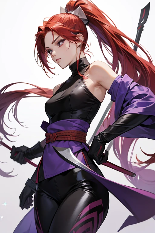 She has red hair which she keeps tied into ponytails. Kunimitsu wears a ninja garb similar to the catsuit worn by kunoichis, in a shade of purple: a purple sleeveless garb with a black breast plate, and matching dark purple and white leggings that reach to her feet, resembling a tabi. She is also equipped with knife holsters where she keeps her kunai. Beneath her garb is an indigo and white, skin-tight turtleneck which is connected to her hands, resembling gloves, and is adorned with brown straps on both sides. SPARKLE; GLITTER