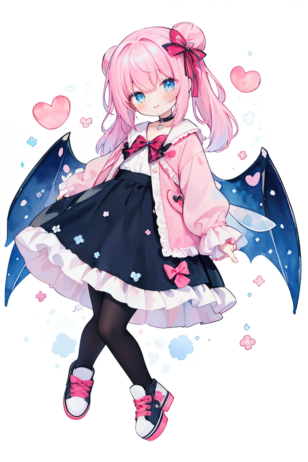 (PastelColors:1.3)、(Cute illustration:1.3)、(watercolor paiting:1.1)、(Wearing large transparent fairy wings with polka dots:1.3),Falling from the sky,Head down, feet up, Blue haired girl,improve,ultra wide-angle ,Detailed background、Smile with open mouthFairy with a bouquet of flowers、Fancy Fairy、A pink-haired、Bun head、jumpping、levitation、masterpiece, highest quality, 1 girl, One person in, length_hair, From above, light smile, panorama, perspective, looking for_in_viewer, Front hair, skirt, shirt, pink hair, colored inner hair, length_dispel, bow, ribbon, twin tails, hair_bow, heart, pantyhose, frills, shoes, choker, dull_Front hair, black_skirt, pink_eye, With frills_skirt, pink_bow, plinform_footwear, pink_theme, jirai_kei, whole body,,white background, Pastel Watercolor、redhead, 1 girl, Has 4 correct fairy wings on its back、summer👗、ハート型のsummer flowerwreath background:1.0、white, high ponytail、platform sneakers、smile、Up from the side