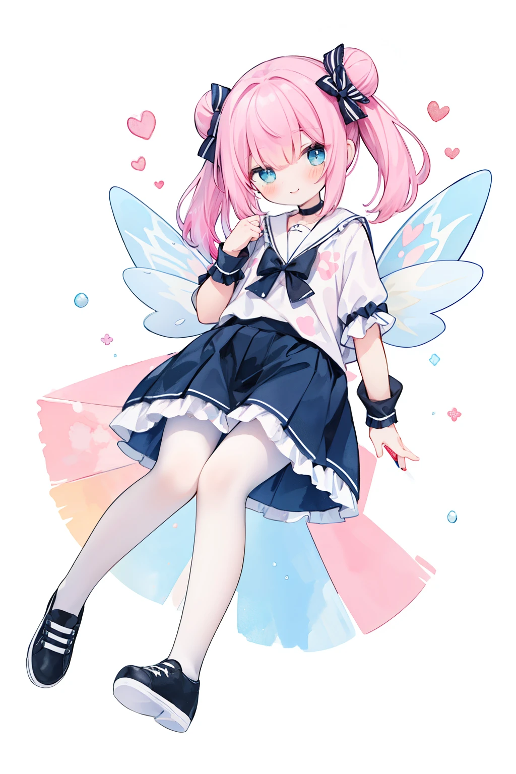 (PastelColors:1.3)、(Cute illustration:1.3)、(watercolor paiting:1.1)、(Wearing large transparent fairy wings with polka dots：1.3),Falling from the sky,Head down, feet up, Blue haired girl,improve,ultra wide-angle  ,Detailed background、Smile with open mouthFairy with a bouquet of flowers、Fancy Fairy、A pink-haired、Bun head、jumpping、levitation、masterpiece, highest quality, 1 girl, One person in, length_hair, From above, light smile, panorama, perspective, looking for_in_viewer, Front hair, skirt, shirt, pink hair, colored inner hair, length_dispel, bow, ribbon, twin tails, hair_bow, heart, pantyhose, frills, shoes, choker, dull_Front hair, black_skirt, pink_eye, With frills_skirt, pink_bow, plinform_footwear, pink_theme, jirai_kei, whole body,,white background, Pastel Watercolor、redhead, 1 girl, Has 4 correct fairy wings on its back、summer👗、ハート型のsummer flowerwreath background:1.0、white, high ponytail、platform sneakers、smile、Up from the side