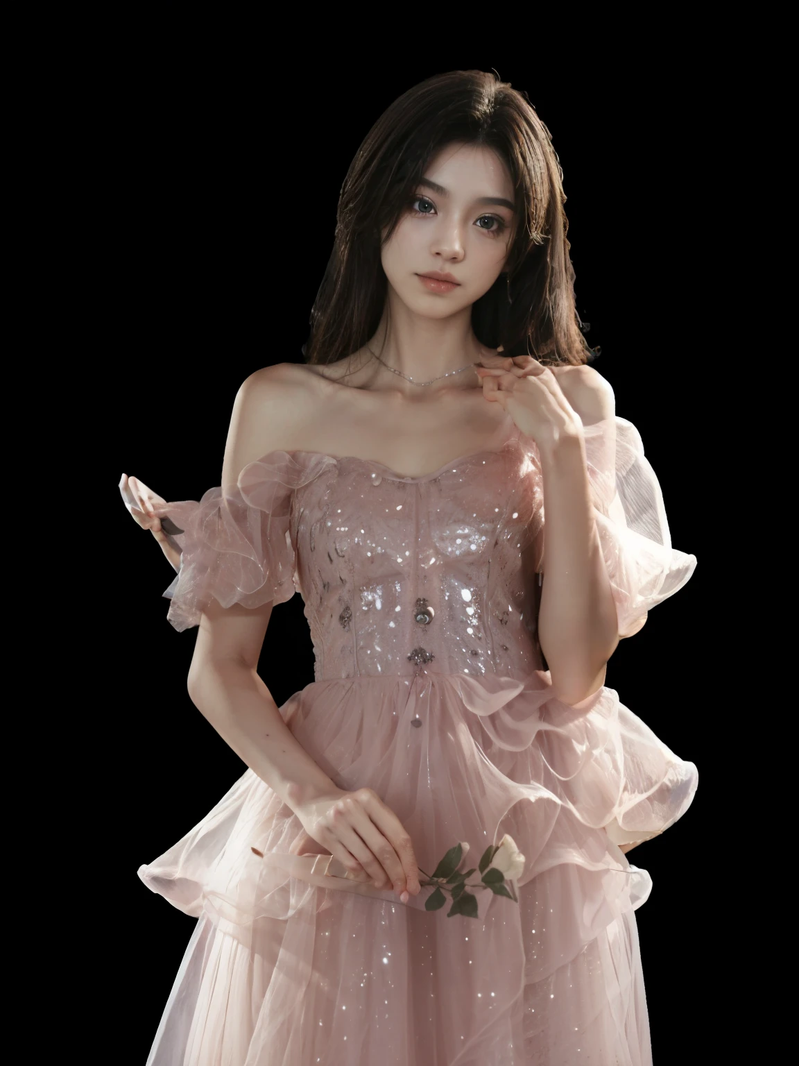An anime girl posing for photos on a blurred dark background f1.2. (Dark Cinematic Effect, Dark Photo, Gothic Photography, Dark Tones, Somber Colors, Dark Style) ( small waist and flat stomach, beautiful skinny, ) Masterpiece, ultra HD, 8k, photography style, sexy, 100% realistic textures. Cool colors like movie at night, cinematic, best quality, professional realistic photography style.