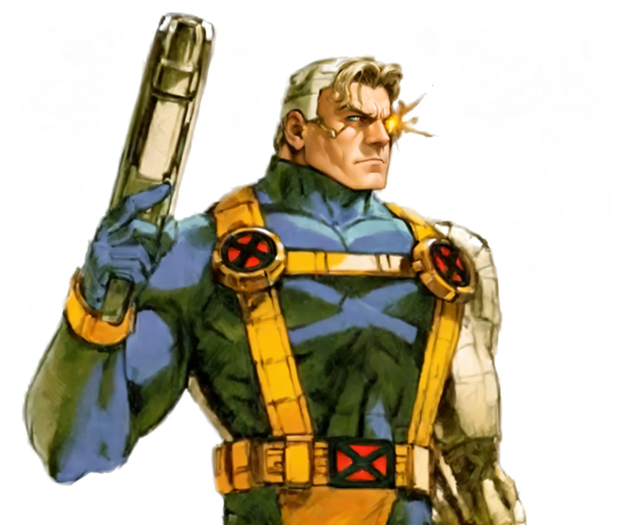 a man in a suit holding a gun and wearing a helmet, cable, 90s comic book character design, fantastic non human character, character art the contra, test subject supersoldier, profile shot, comic book character, joe chiodo, full body x-force outfit, joe biden as a jojo character, x-man costume, cyclops, john romita senior